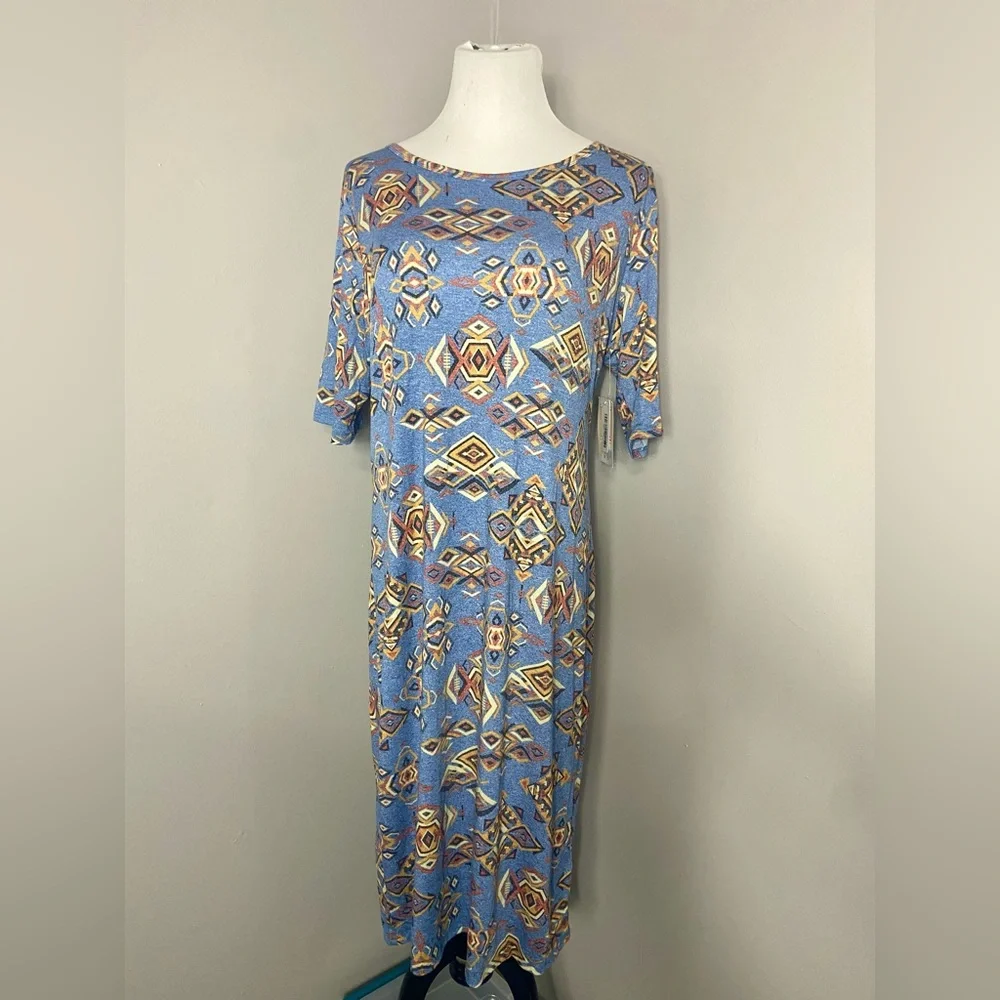 LuLaRoe Julia Dress Blue with Multicolored Aztec Pattern Midi Form Fitting - Picture 7 of 7